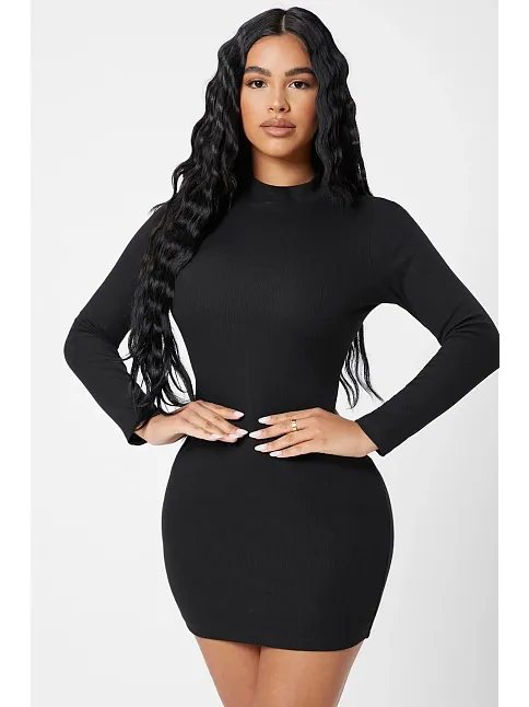 Kadın Siyah Kaşkorse Balıkçı Yaka Uzun Kollu Bodycon Mini Elbise
