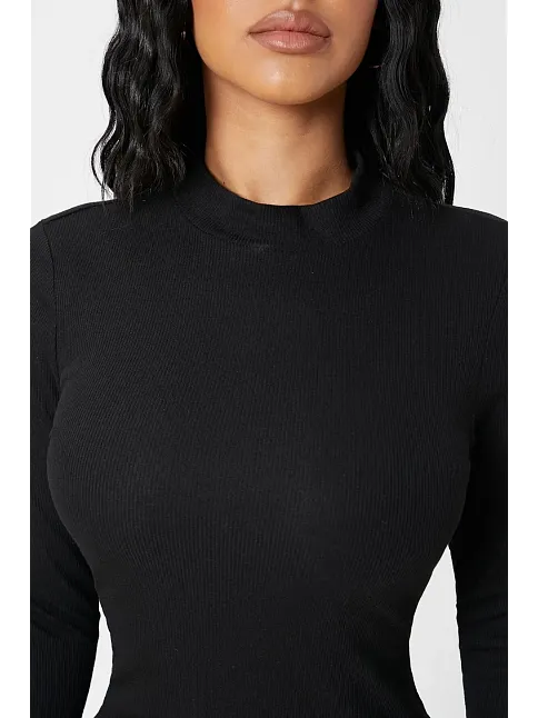 Kadın Siyah Kaşkorse Balıkçı Yaka Uzun Kollu Bodycon Mini Elbise