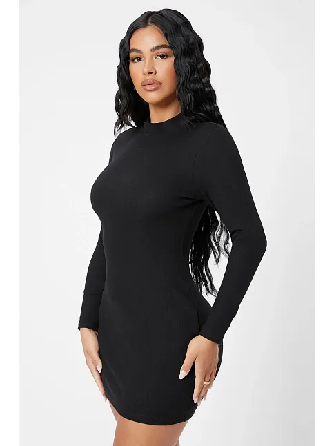 Kadın Siyah Kaşkorse Balıkçı Yaka Uzun Kollu Bodycon Mini Elbise
