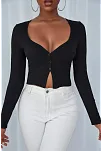 Kadın Siyah Uzun Kollu Düğmeli Göğüs Ve Göbek Dekolteli Crop Top Bluz – Şık, Rahat Ve Kolay Kombinlenebilir