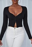 Kadın Siyah Uzun Kollu Düğmeli Göğüs Ve Göbek Dekolteli Crop Top Bluz – Şık, Rahat Ve Kolay Kombinlenebilir