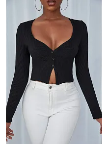 Kadın Siyah Uzun Kollu Düğmeli Göğüs Ve Göbek Dekolteli Crop Top Bluz – Şık, Rahat Ve Kolay Kombinlenebilir