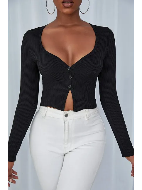 Kadın Siyah Uzun Kollu Düğmeli Göğüs Ve Göbek Dekolteli Crop Top Bluz – Şık, Rahat Ve Kolay Kombinlenebilir