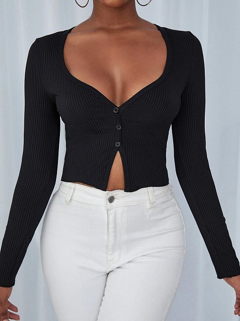 Kadın Siyah Uzun Kollu Düğmeli Göğüs Ve Göbek Dekolteli Crop Top Bluz – Şık, Rahat Ve Kolay Kombinlenebilir