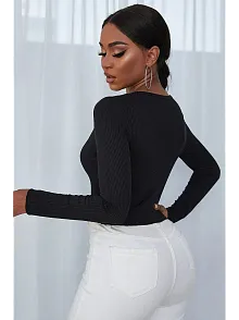 Kadın Siyah Uzun Kollu Düğmeli Göğüs Ve Göbek Dekolteli Crop Top Bluz – Şık, Rahat Ve Kolay Kombinlenebilir