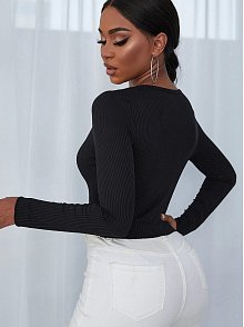 Kadın Siyah Uzun Kollu Düğmeli Göğüs Ve Göbek Dekolteli Crop Top Bluz – Şık, Rahat Ve Kolay Kombinlenebilir
