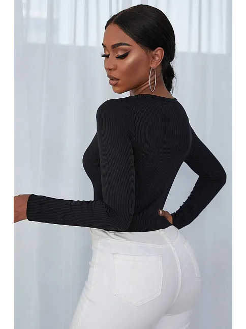 Kadın Siyah Uzun Kollu Düğmeli Göğüs Ve Göbek Dekolteli Crop Top Bluz – Şık, Rahat Ve Kolay Kombinlenebilir