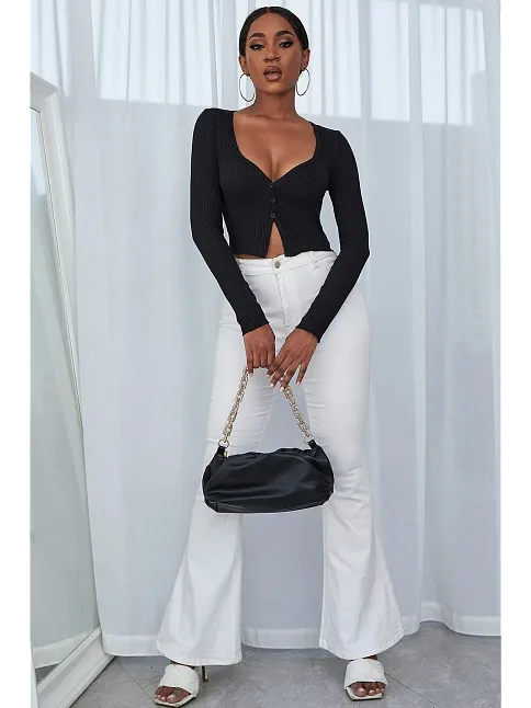 Kadın Siyah Uzun Kollu Düğmeli Göğüs Ve Göbek Dekolteli Crop Top Bluz – Şık, Rahat Ve Kolay Kombinlenebilir