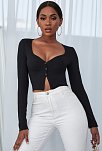 Kadın Siyah Uzun Kollu Düğmeli Göğüs Ve Göbek Dekolteli Crop Top Bluz – Şık, Rahat Ve Kolay Kombinlenebilir