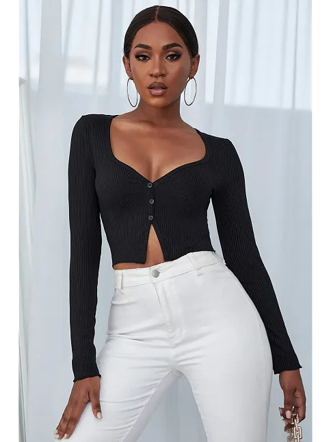 Kadın Siyah Uzun Kollu Düğmeli Göğüs Ve Göbek Dekolteli Crop Top Bluz – Şık, Rahat Ve Kolay Kombinlenebilir