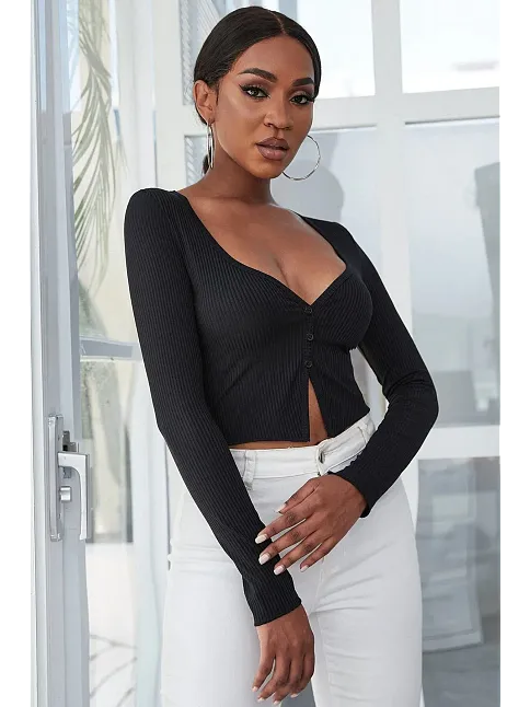 Kadın Siyah Uzun Kollu Düğmeli Göğüs Ve Göbek Dekolteli Crop Top Bluz – Şık, Rahat Ve Kolay Kombinlenebilir