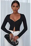 Kadın Siyah Uzun Kollu Düğmeli Göğüs Ve Göbek Dekolteli Crop Top Bluz – Şık, Rahat Ve Kolay Kombinlenebilir