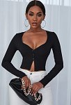 Kadın Siyah Uzun Kollu Düğmeli Göğüs Ve Göbek Dekolteli Crop Top Bluz – Şık, Rahat Ve Kolay Kombinlenebilir