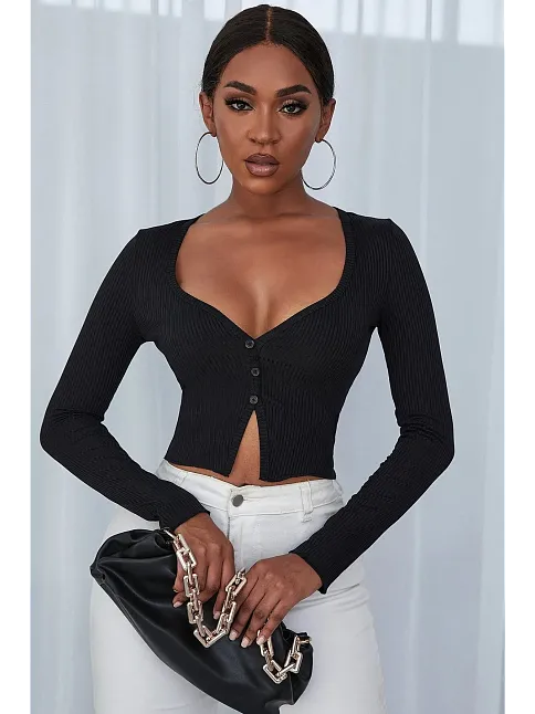 Kadın Siyah Uzun Kollu Düğmeli Göğüs Ve Göbek Dekolteli Crop Top Bluz – Şık, Rahat Ve Kolay Kombinlenebilir