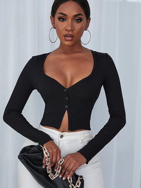 Kadın Siyah Uzun Kollu Düğmeli Göğüs Ve Göbek Dekolteli Crop Top Bluz – Şık, Rahat Ve Kolay Kombinlenebilir