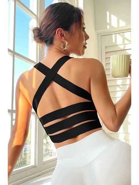 Kadın Siyah Sırtı Çapraz Lastik Detaylı Crop Top Bluz – Şık, Rahat Ve Kolay Kombinlenebilir