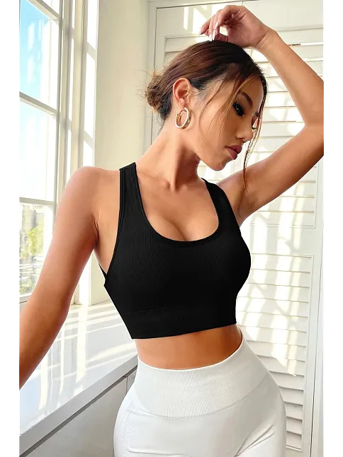 Kadın Siyah Sırtı Çapraz Lastik Detaylı Crop Top Bluz – Şık, Rahat Ve Kolay Kombinlenebilir