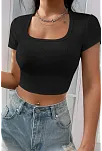 Kadın Siyah Yarım Kol Düz Yaka Crop Top Bluz – Şık, Rahat Ve Kolay Kombinlenebilir