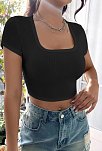 Kadın Siyah Yarım Kol Düz Yaka Crop Top Bluz – Şık, Rahat Ve Kolay Kombinlenebilir