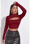 Kadın Bordo Göğüs Dekolteli Uzun Kollu Cut Out Crop Top Bluz – Şık, Rahat Ve Kolay Kombinlenebilir