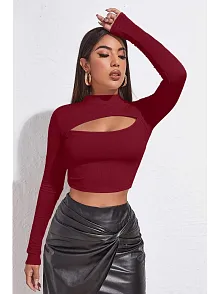 Kadın Bordo Göğüs Dekolteli Uzun Kollu Cut Out Crop Top Bluz – Şık, Rahat Ve Kolay Kombinlenebilir