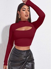Kadın Bordo Göğüs Dekolteli Uzun Kollu Cut Out Crop Top Bluz – Şık, Rahat Ve Kolay Kombinlenebilir