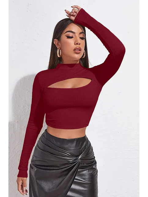 Kadın Bordo Göğüs Dekolteli Uzun Kollu Cut Out Crop Top Bluz – Şık, Rahat Ve Kolay Kombinlenebilir