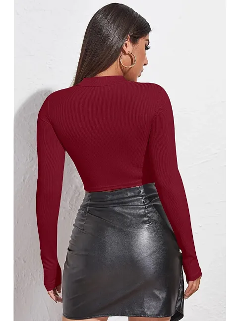 Kadın Bordo Göğüs Dekolteli Uzun Kollu Cut Out Crop Top Bluz – Şık, Rahat Ve Kolay Kombinlenebilir