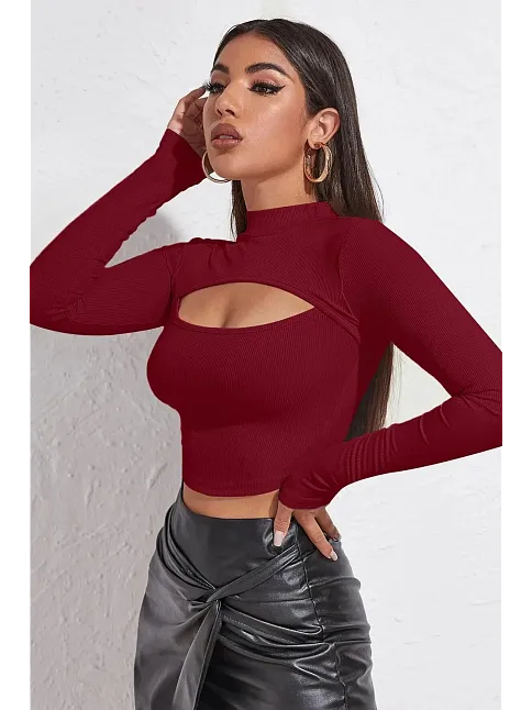 Kadın Bordo Göğüs Dekolteli Uzun Kollu Cut Out Crop Top Bluz – Şık, Rahat Ve Kolay Kombinlenebilir