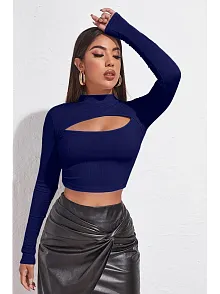 Kadın Lacivert Göğüs Dekolteli Uzun Kollu Cut Out Crop Top Bluz – Şık, Rahat Ve Kolay Kombinlenebilir
