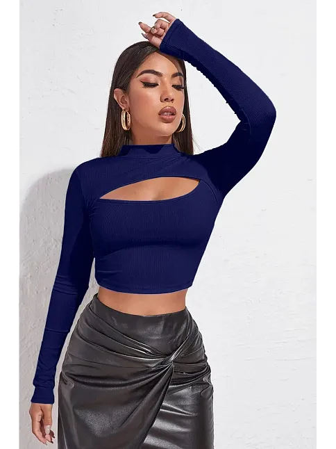 Kadın Lacivert Göğüs Dekolteli Uzun Kollu Cut Out Crop Top Bluz – Şık, Rahat Ve Kolay Kombinlenebilir
