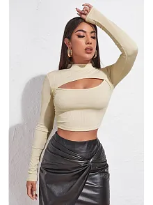 Kadın Ekru Göğüs Dekolteli Uzun Kollu Cut Out Crop Top Bluz – Şık, Rahat Ve Kolay Kombinlenebilir
