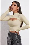 Kadın Ekru Göğüs Dekolteli Uzun Kollu Cut Out Crop Top Bluz – Şık, Rahat Ve Kolay Kombinlenebilir