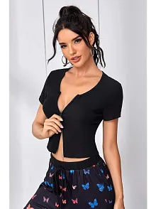 Kadın Siyah Çift Fermuarlı Yarım Kol Crop Top Bluz – Şık, Rahat Ve Kolay Kombinlenebilir
