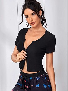 Kadın Siyah Çift Fermuarlı Yarım Kol Crop Top Bluz – Şık, Rahat Ve Kolay Kombinlenebilir