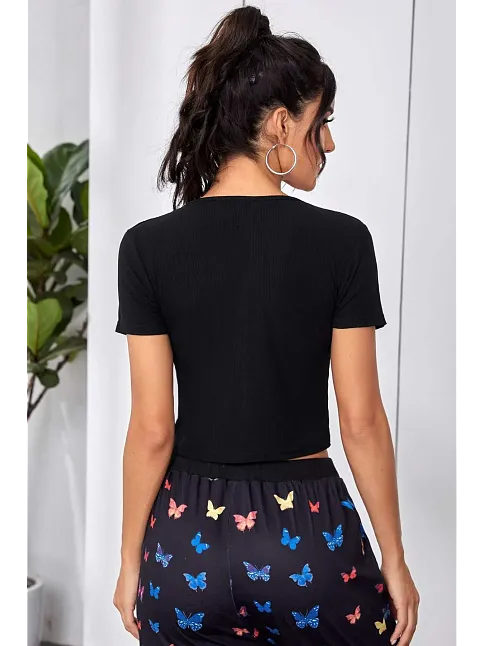 Kadın Siyah Çift Fermuarlı Yarım Kol Crop Top Bluz – Şık, Rahat Ve Kolay Kombinlenebilir