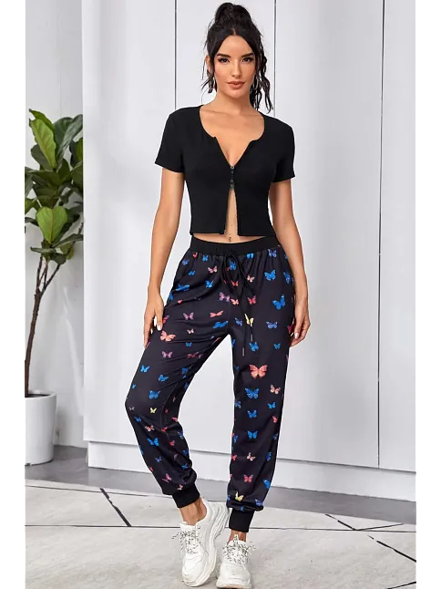 Kadın Siyah Çift Fermuarlı Yarım Kol Crop Top Bluz – Şık, Rahat Ve Kolay Kombinlenebilir