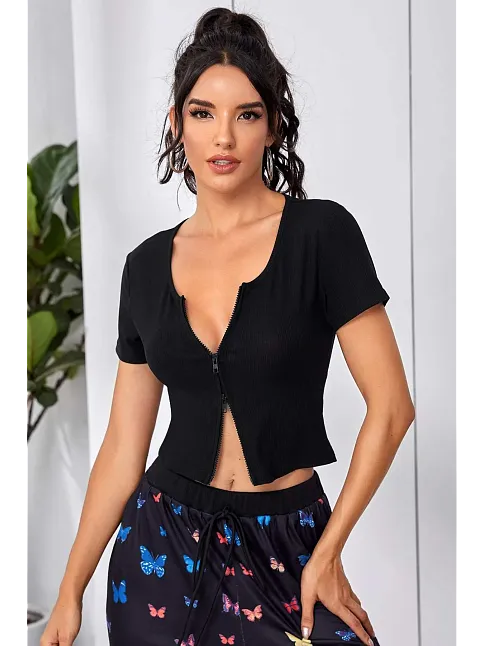 Kadın Siyah Çift Fermuarlı Yarım Kol Crop Top Bluz – Şık, Rahat Ve Kolay Kombinlenebilir