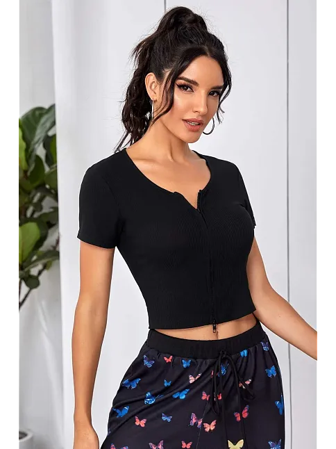 Kadın Siyah Çift Fermuarlı Yarım Kol Crop Top Bluz – Şık, Rahat Ve Kolay Kombinlenebilir