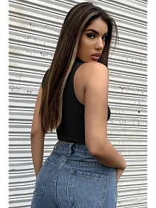 Kadın Siyah Yarım Fermuarlı Sıfır Kol Crop Top Bluz – Şık, Rahat Ve Kolay Kombinlenebilir