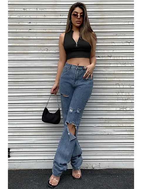 Kadın Siyah Yarım Fermuarlı Sıfır Kol Crop Top Bluz – Şık, Rahat Ve Kolay Kombinlenebilir