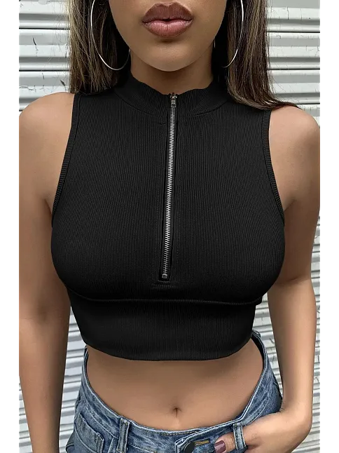 Kadın Siyah Yarım Fermuarlı Sıfır Kol Crop Top Bluz – Şık, Rahat Ve Kolay Kombinlenebilir
