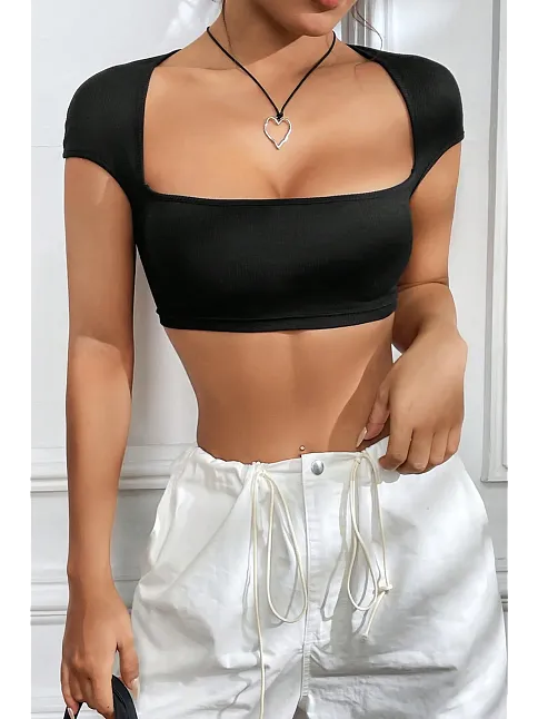 Kadın Siyah Sırt Dekolteli Ve Boyundan Bağlamalı Yarım Kol Crop Top Bluz – Şık, Rahat Ve Kolay Kombinlenebilir