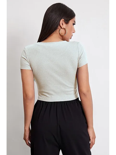 Kadın Beyaz Yuvarlak Yaka Yarım Kol Crop Top Bluz