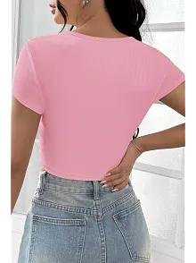 Kadın Pembe Yarım Kol Düz Yaka Crop Top Bluz – Şık, Rahat Ve Kolay Kombinlenebilir