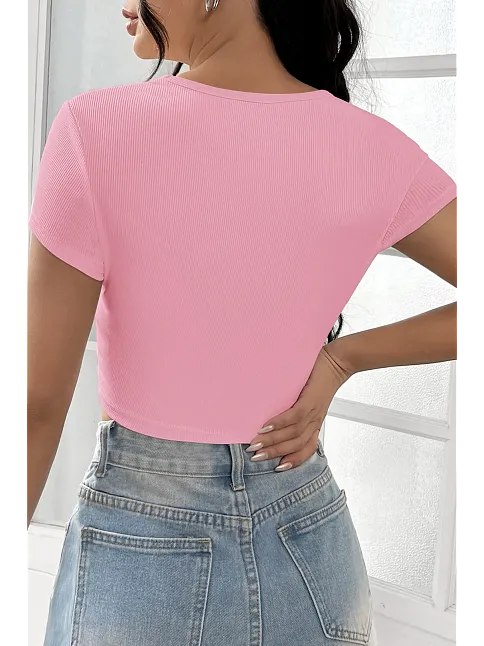 Kadın Pembe Yarım Kol Düz Yaka Crop Top Bluz – Şık, Rahat Ve Kolay Kombinlenebilir