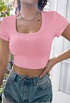 Kadın Pembe Yarım Kol Düz Yaka Crop Top Bluz – Şık, Rahat Ve Kolay Kombinlenebilir