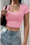 Kadın Pembe Yarım Kol Düz Yaka Crop Top Bluz – Şık, Rahat Ve Kolay Kombinlenebilir