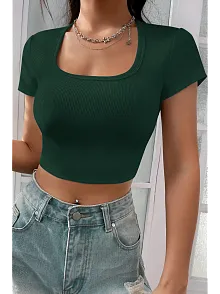 Kadın Yeşil Yarım Kol Düz Yaka Crop Top Bluz – Şık, Rahat Ve Kolay Kombinlenebilir