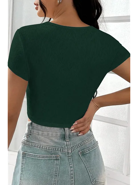 Kadın Yeşil Yarım Kol Düz Yaka Crop Top Bluz – Şık, Rahat Ve Kolay Kombinlenebilir